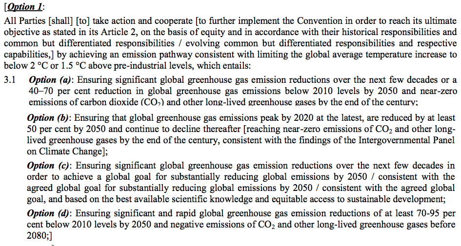 Более слабая формулировка говорит о «существенном сокращении» выбросов к 2050 году, тогда как более сильный вариант (d) говорит о негативных выбросах путем 2080