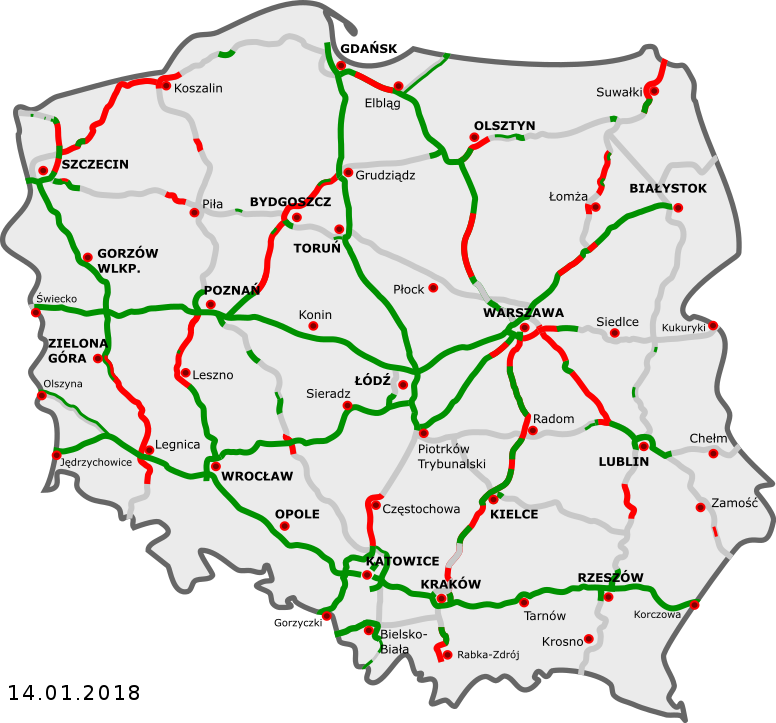 Автобаны Польши (карта состоянию на 2018 год)